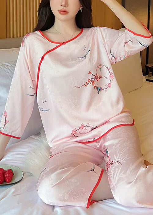 Eleganter rosa Pyjama aus Eisseide mit Rundhalsausschnitt und halben Ärmeln, zweiteilig, YK004