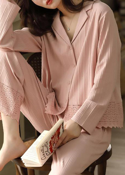 Two Peter Elegant Pajamas Pan Pink Collar Cotton Hollow Out