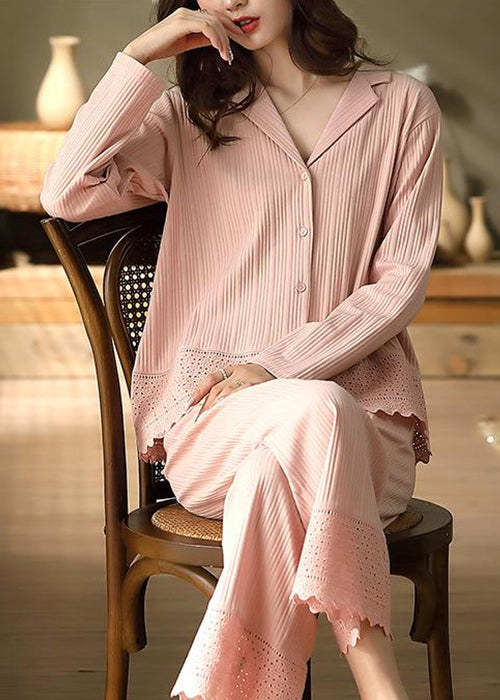 Two Peter Elegant Pajamas Pan Pink Collar Cotton Hollow Out