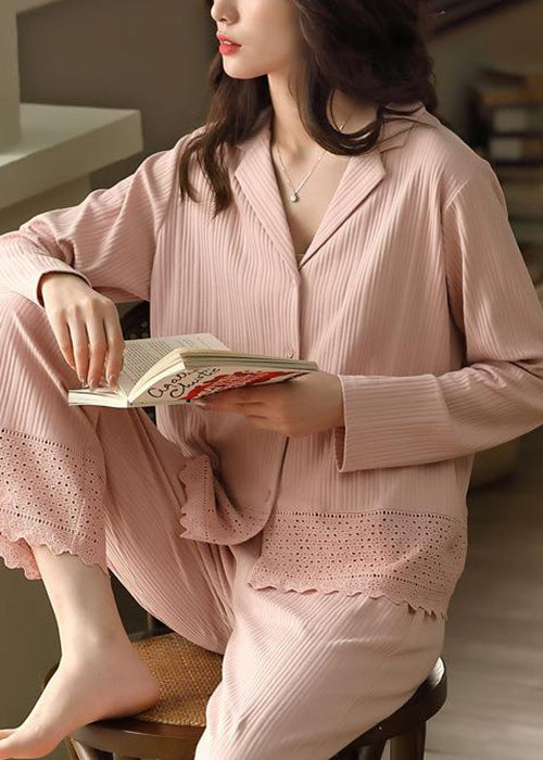 Two Peter Elegant Pajamas Pan Pink Collar Cotton Hollow Out