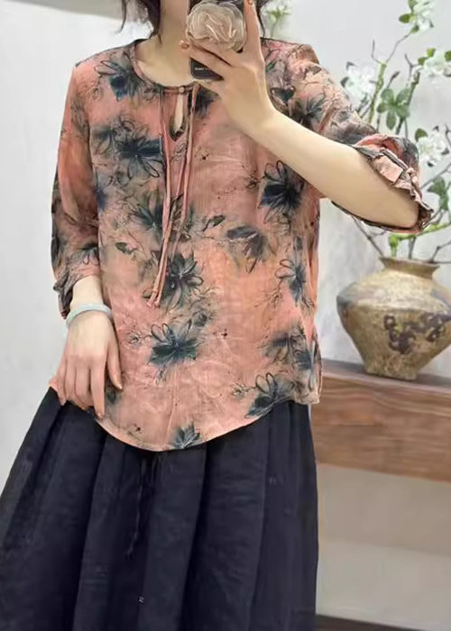 Elegant Pink Print Button Linen T Shirts Half Sleeve JH006