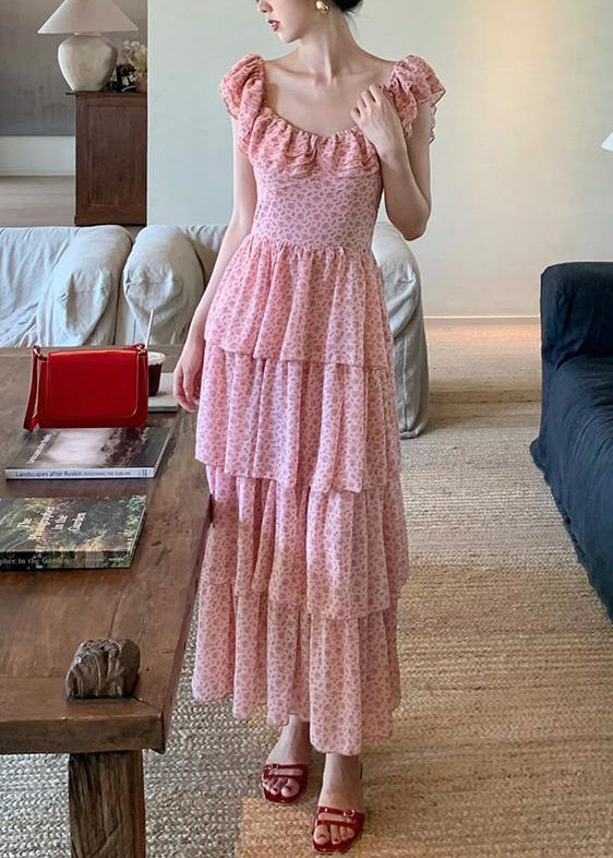 Robe longue en mousseline de soie rose élégante à volants pour l'été XX044