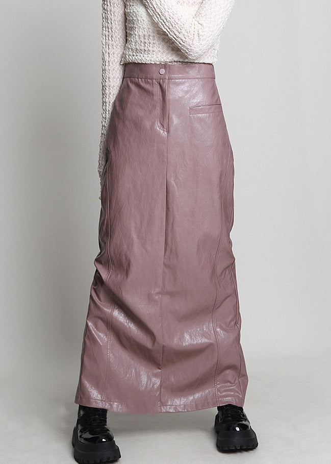 Elegant Pink Side Open High Waist Faux Leather Skirt Spring Ada Fashion