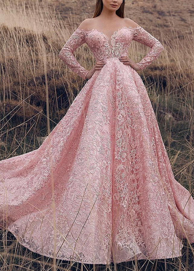 Robe élégante rose à col bateau et dentelle à la cheville Printemps WW1057