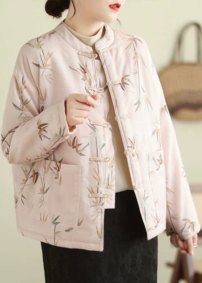 Elegant Pink Stand Collar Button Print Thick Coats Winter QG023