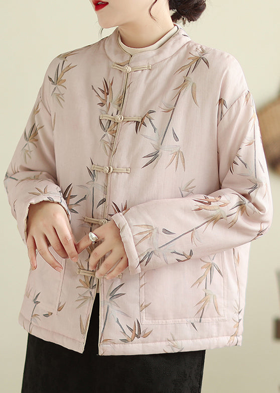 Elegant Pink Stand Collar Button Print Thick Coats Winter QG023