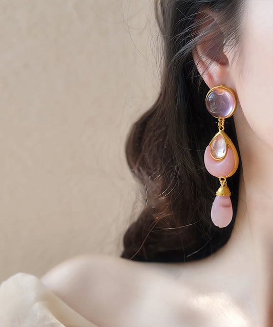 Elegant Pink Sterling Silver Overgild Crystal Coloured Glaze Water Drop Drop Earrings GH1069