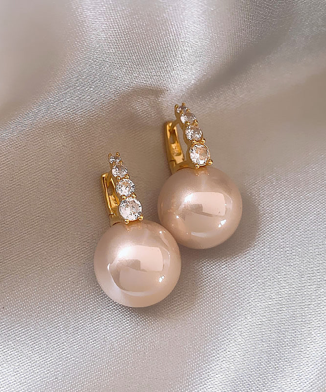 Elegant Pink Sterling Silver Overgild Pearl Hoop Earrings WP020