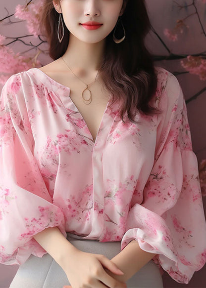 Elegant Pink V Neck Print Chiffon Blouses Bracelet Sleeve KJ018