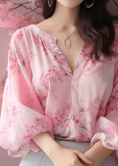 Elegant Pink V Neck Print Chiffon Blouses Bracelet Sleeve KJ018