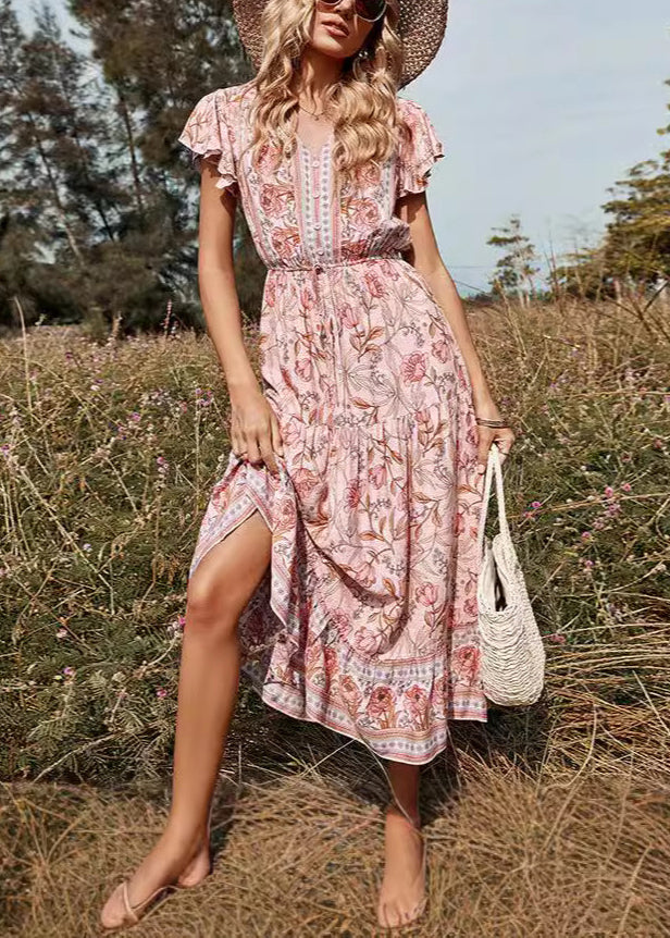 Elegant Pink V Neck Print High Waist Long Dresses Summer AU1033