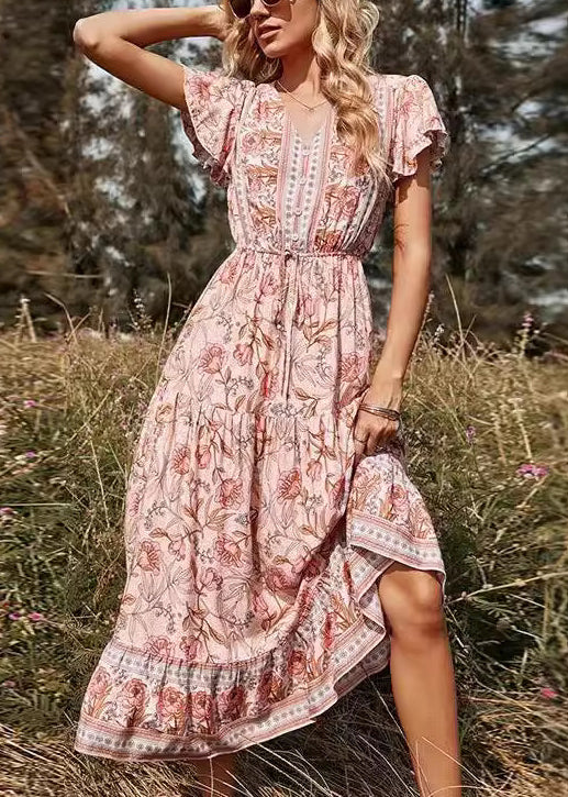 Elegant Pink V Neck Print High Waist Long Dresses Summer AU1033