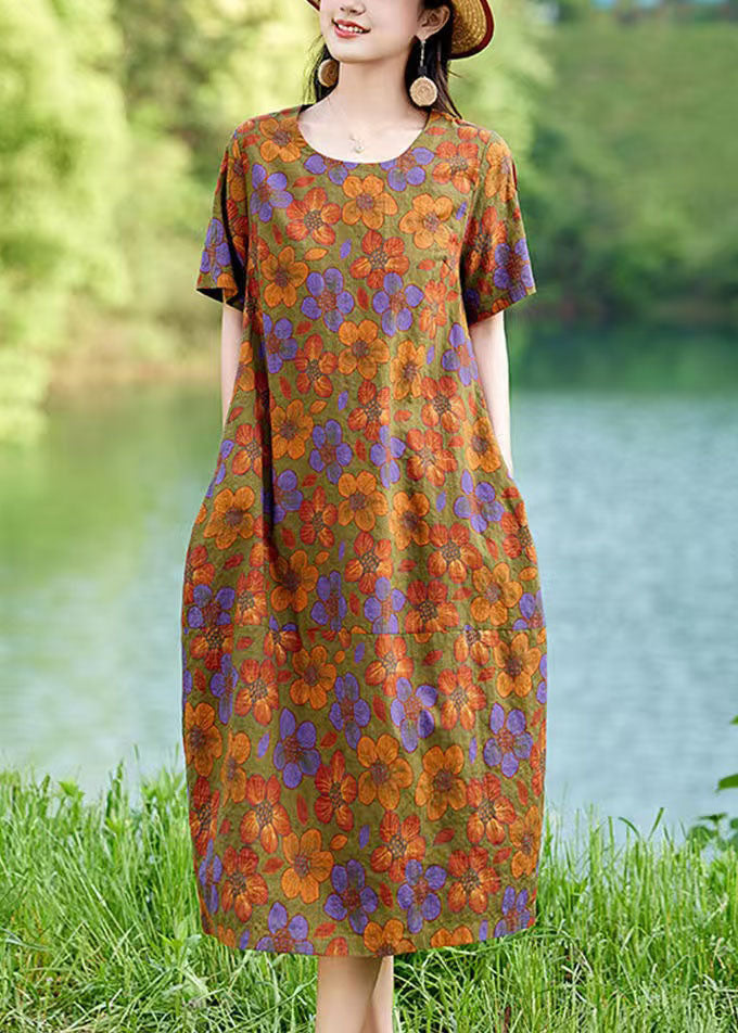 Elegant Linen Polychrome Summer Mid Dress Floral Oversized