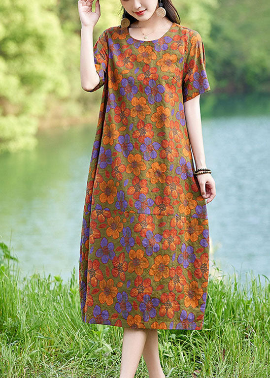 Elegant Linen Polychrome Summer Mid Dress Floral Oversized