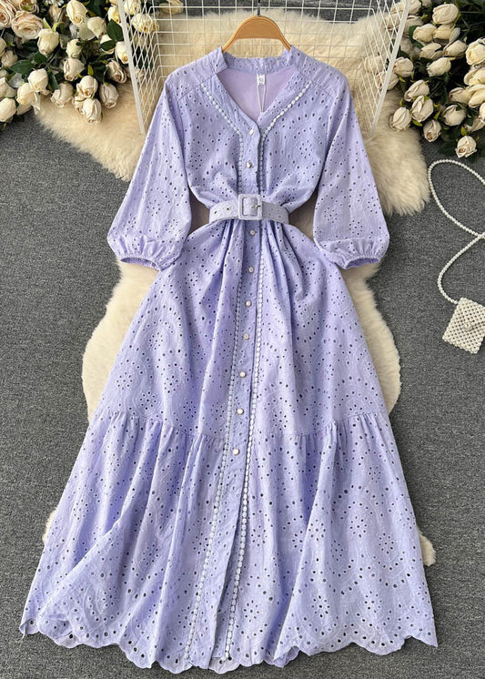 Elegant Purple Button Hollow Out Cotton Shirts Dress Long Sleeve TR046