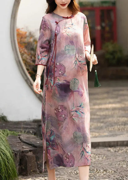 Elegant Purple Button Print Side Open Linen Dress Half Sleeve Ada Fashion