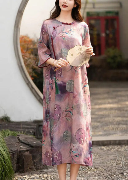 Elegant Purple Button Print Side Open Linen Dress Half Sleeve Ada Fashion