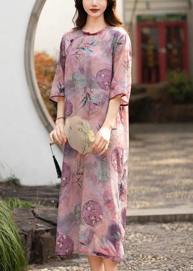 Elegant Purple Button Print Side Open Linen Dress Half Sleeve Ada Fashion