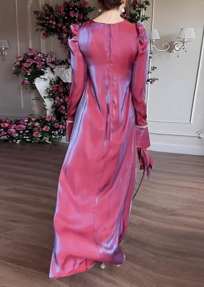 Elegant Purple O Neck Silk Maxi Dress Fall WO050