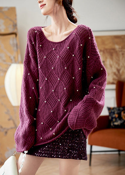 Elegant Purple O Neck Zircon Knit Sweaters Fall QS004