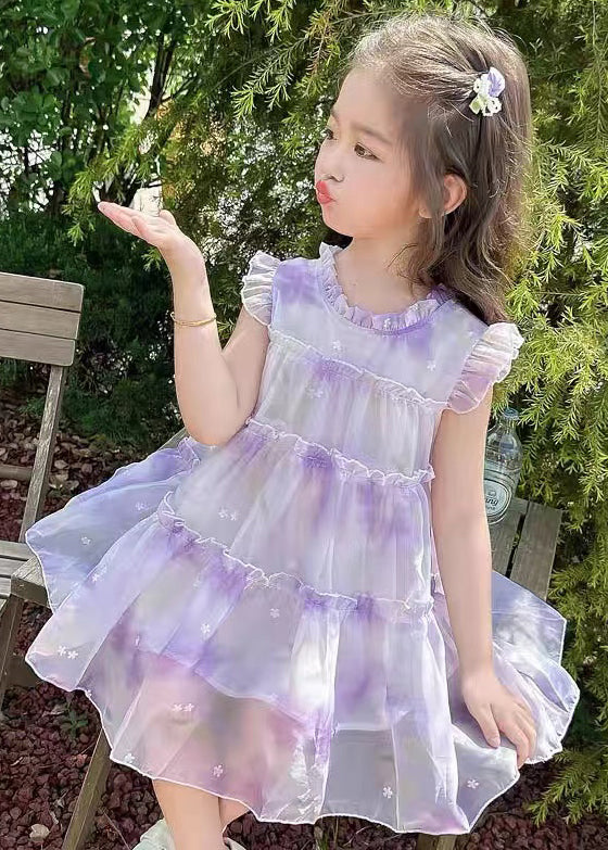 Robe élégante en mousseline de soie à volants violets pour filles, été TT045