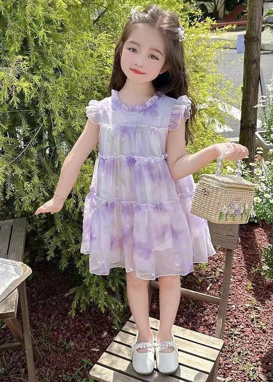 Robe élégante en mousseline de soie à volants violets pour filles, été TT045