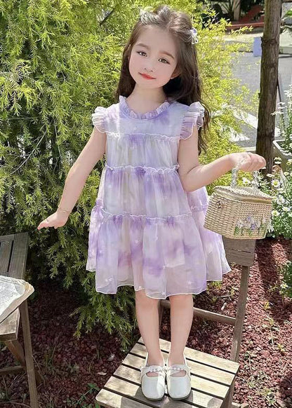 Elegant Purple Ruffled Print Chiffon Girls Dresses Summer TT045