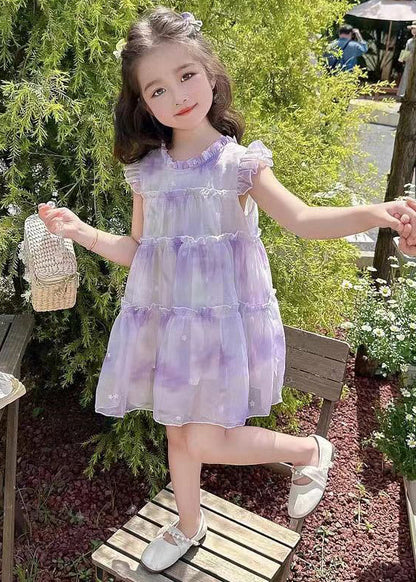 Elegant Purple Ruffled Print Chiffon Girls Dresses Summer TT045