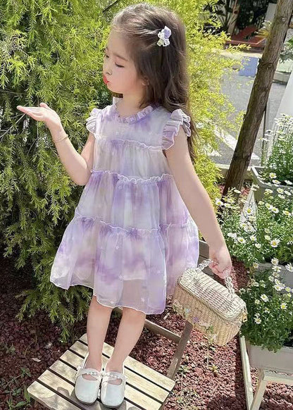 Elegant Purple Ruffled Print Chiffon Girls Dresses Summer TT045