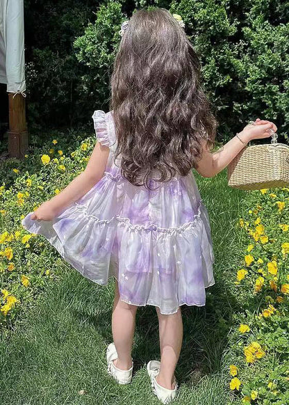 Elegant Purple Ruffled Print Chiffon Girls Dresses Summer TT045