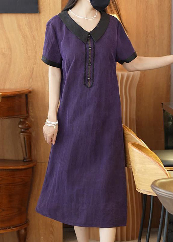 Robe longue élégante en soie unie violette à patchwork d'été OP1077