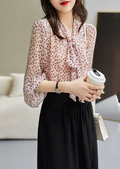 Elegant Red Bow Print Silk Tops Long Sleeve WW014