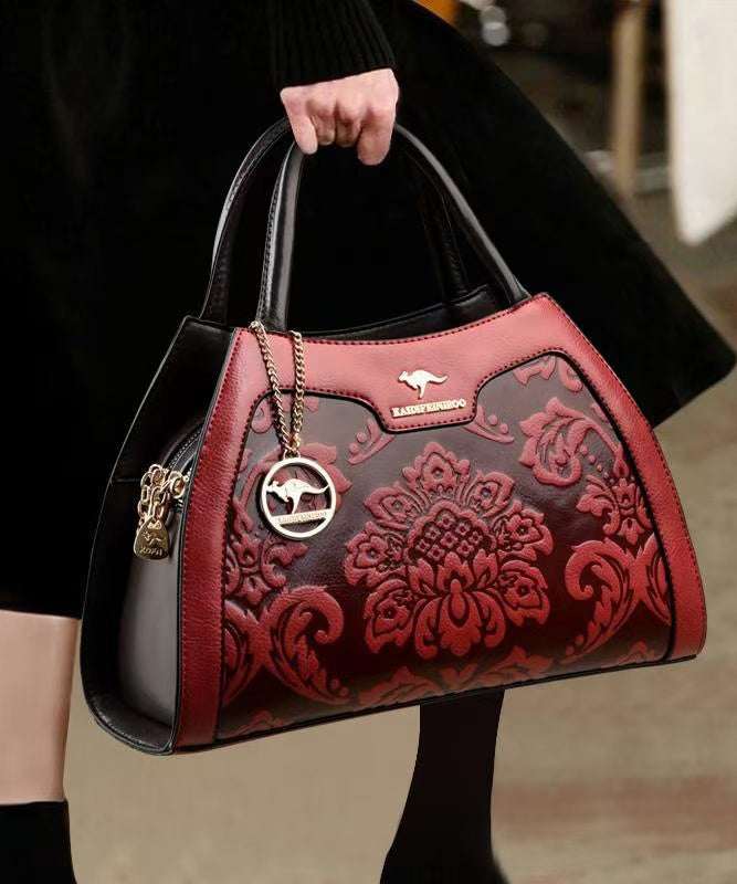 Tote Calf Bag Embossed Leather Elegant Red