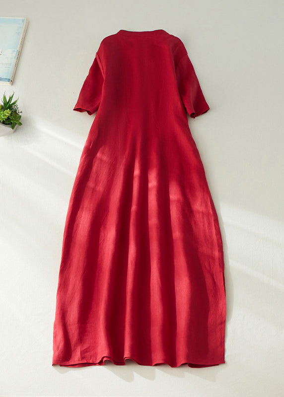 Robe longue élégante rouge brodée à manches courtes et à ouverture latérale VV062