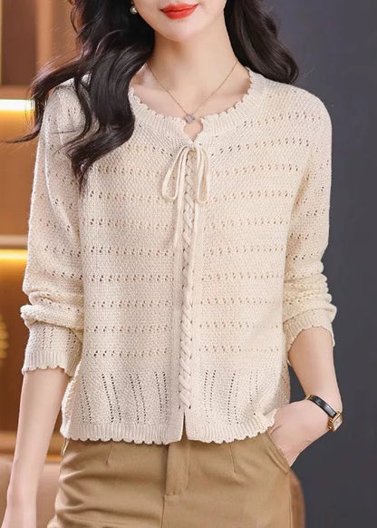 Elegant Red O Neck Hollow Out Lace Up Knit Shirt Top Fall QO056