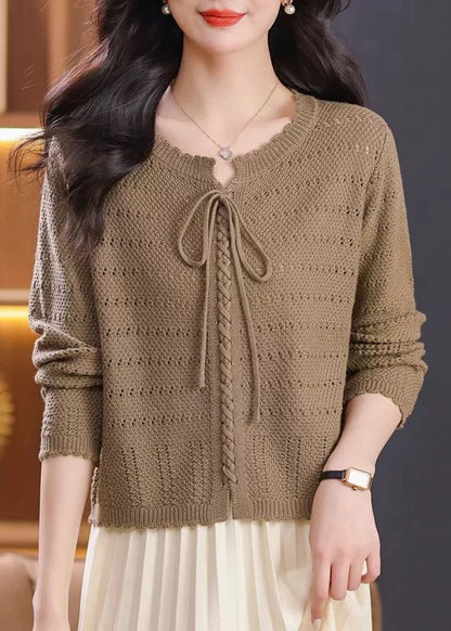 Elegant Red O Neck Hollow Out Lace Up Knit Shirt Top Fall QO056