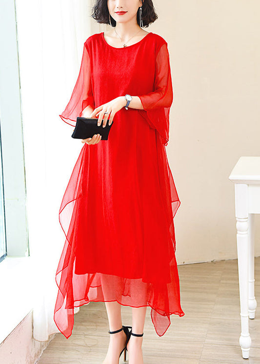 Elegant Red O-Neck Solid Ice Silk Long Dress Flare Sleeve FA306