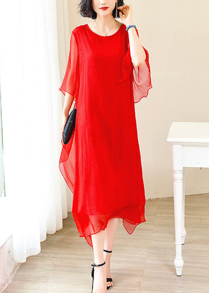 Elegant Red O-Neck Solid Ice Silk Long Dress Flare Sleeve FA306