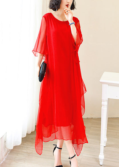 Elegant Red O-Neck Solid Ice Silk Long Dress Flare Sleeve FA306