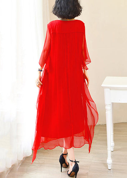 Elegant Red O-Neck Solid Ice Silk Long Dress Flare Sleeve FA306