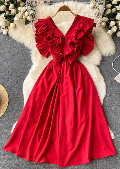 Elegant Red Ruffled Button Solid Cotton Dress Summer TR037