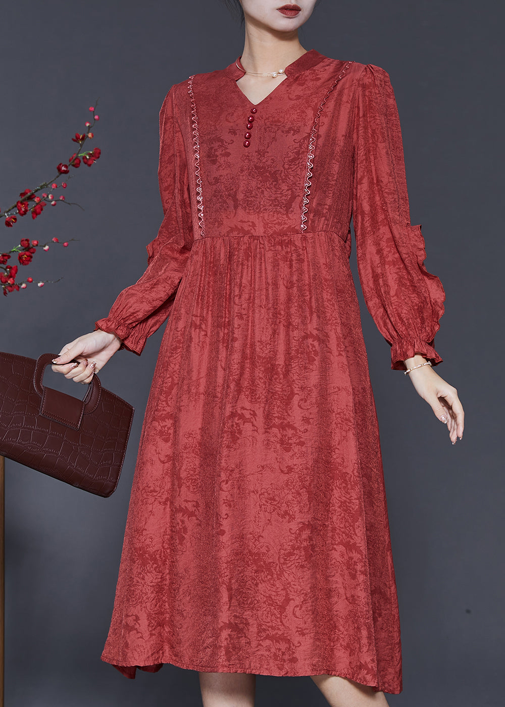 Robe élégante en coton jacquard à volants rouges pour le printemps SD1032