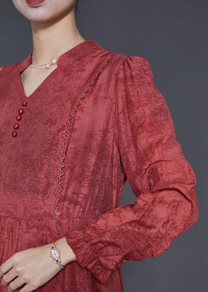 Elegante rote Rüschen Jacquard Baumwolle Robe Kleider Frühling SD1032