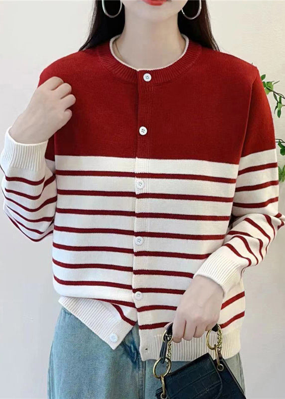 Elegant Red Striped Button Knit Cardigan Fall QG005