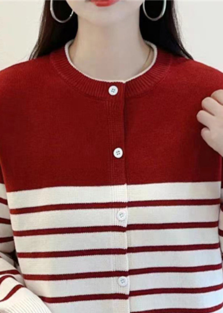 Elegant Red Striped Button Knit Cardigan Fall QG005