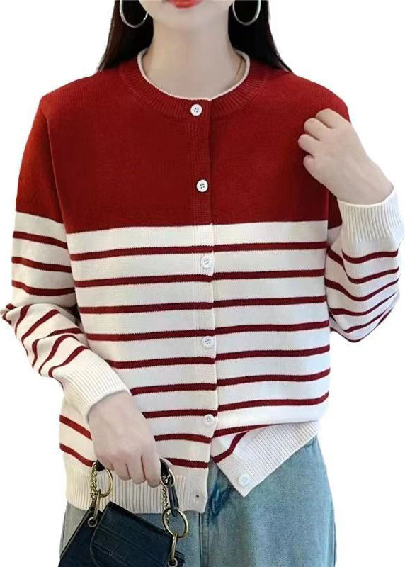 Elegant Red Striped Button Knit Cardigan Fall QG005