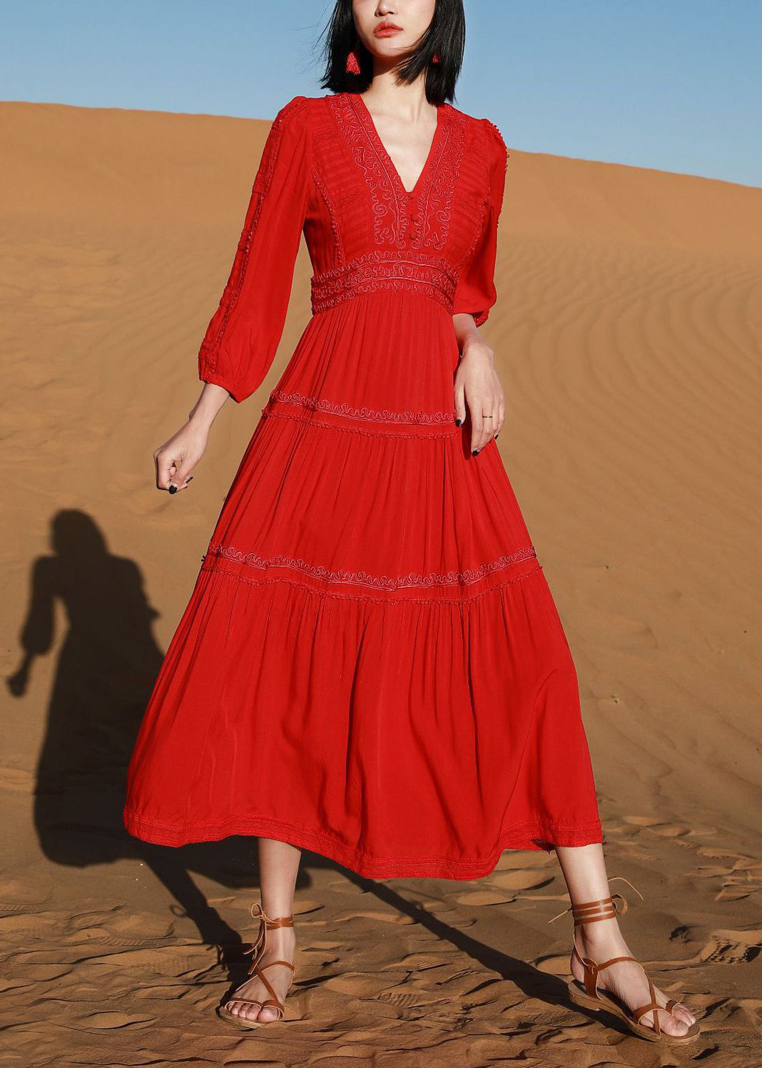 Red Elegant V Cotton Dresses Solid Neck Long Embroidered Bracelet