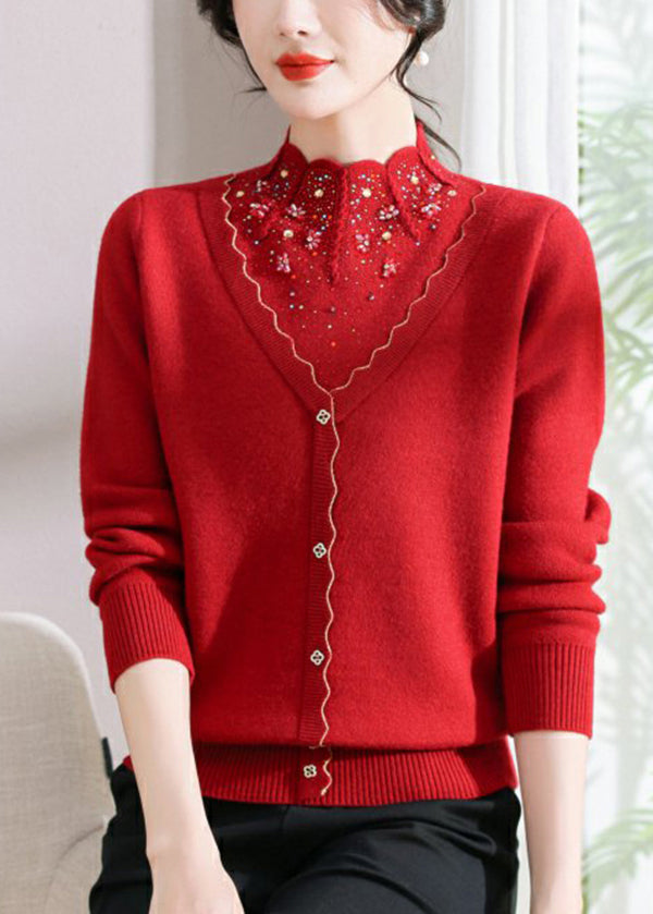 Elegant Red Zircon False Two Pieces Woolen Short Sweater Spring TQ003