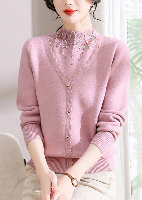 Elegant Red Zircon False Two Pieces Woolen Short Sweater Spring TQ003