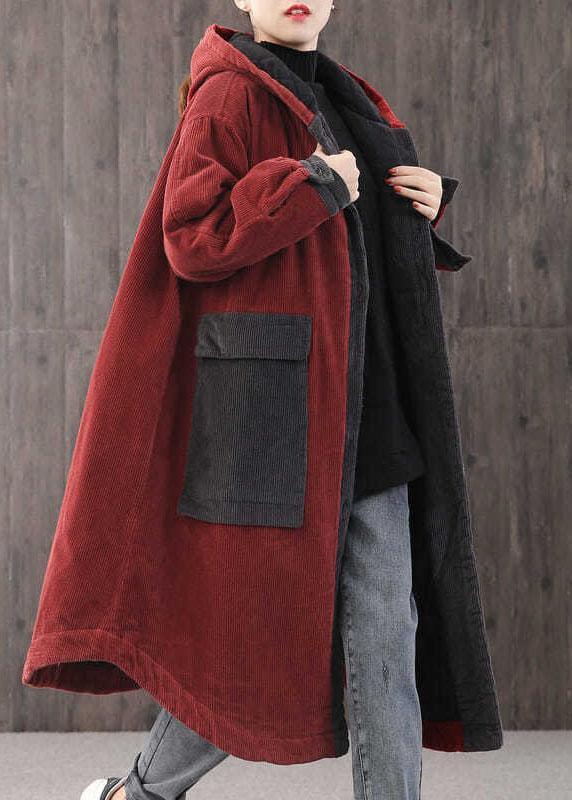 Elegant Red hooded Pockets Button Winter Coat Long sleeve QS046